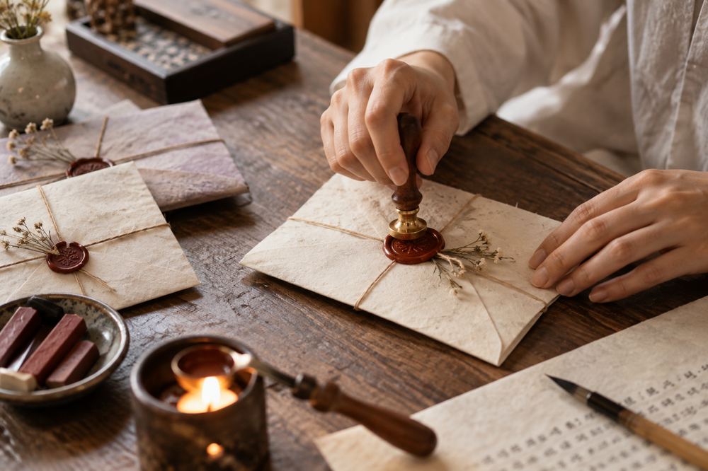 Sealing the hanji envelope with wax